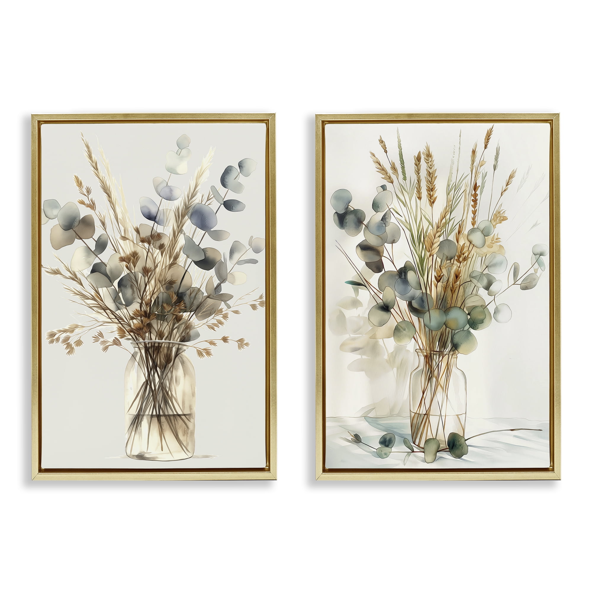 Stupell Industries Eucalyptus Jar Bouquets Plants & Flowers Painting Gold Floater Framed Canvas Art Print Wall Art, 17 x 25, Set of 2