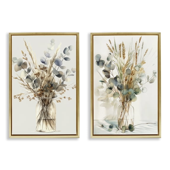 Stupell Industries Eucalyptus Jar Bouquets Plants & Flowers Painting Gold Floater Framed Canvas Art Print Wall Art, 17 x 25, Set of 2
