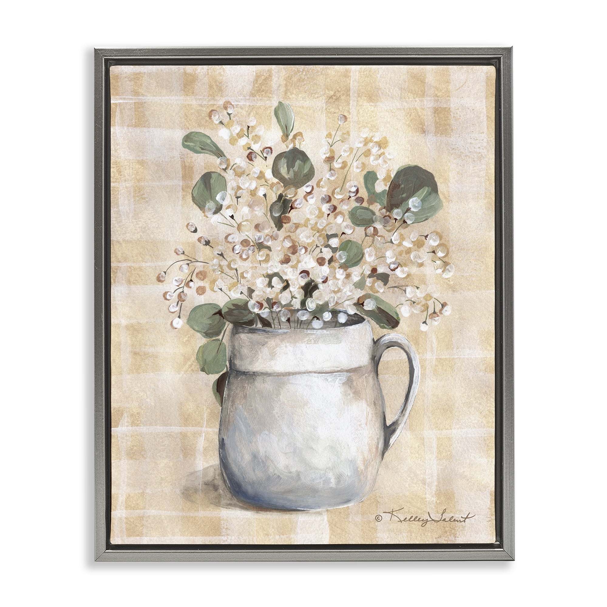 Stupell Industries Eucalyptus in Pottery Botanical & Floral Painting Gray Floater Framed Art Print Wall Art, 17 x 21
