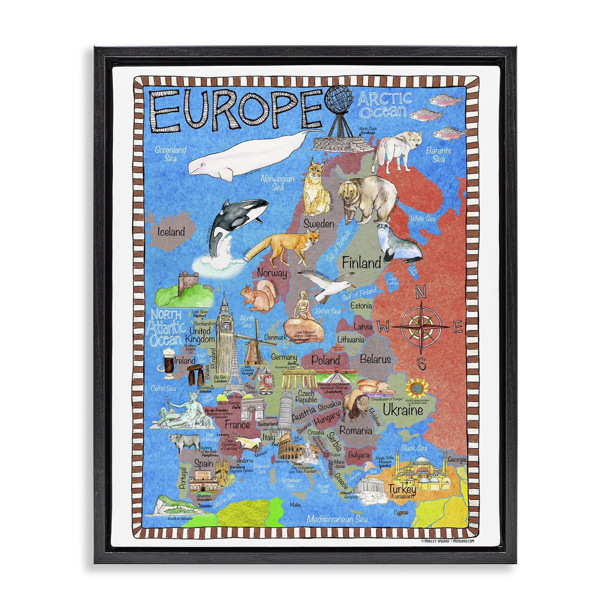 Stupell Industries Europe Animal Map Town & City Painting Black Floater Framed Art Print Wall Art, 25 x 31