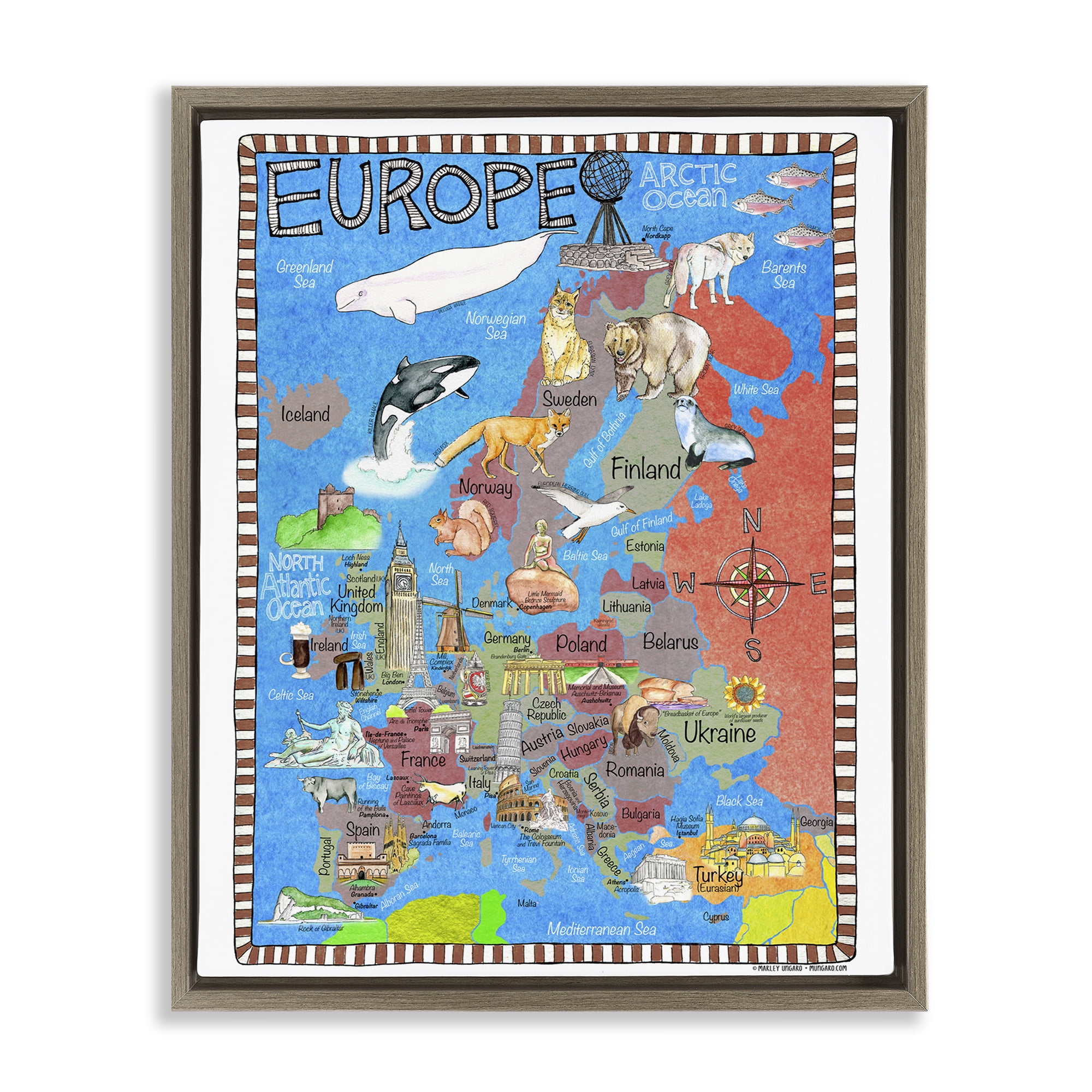 Stupell Industries Europe Animal Map Town & City Painting Brown Floater Framed Art Print Wall Art, 25 x 31