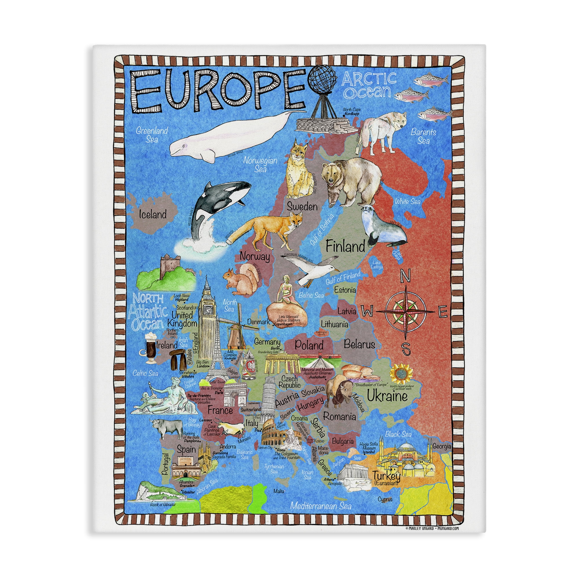 Stupell Industries Europe Animal Map Town & City Painting Gallery Wrapped Canvas Art Print Wall Art, 24 x 30