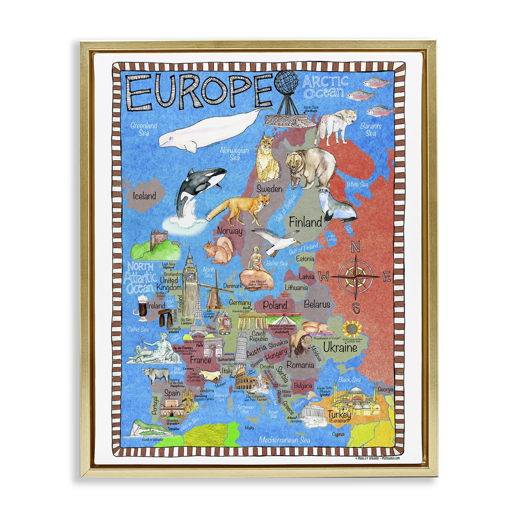 Stupell Industries Europe Animal Map Town & City Painting Gold Floater Framed Art Print Wall Art, 17 x 21
