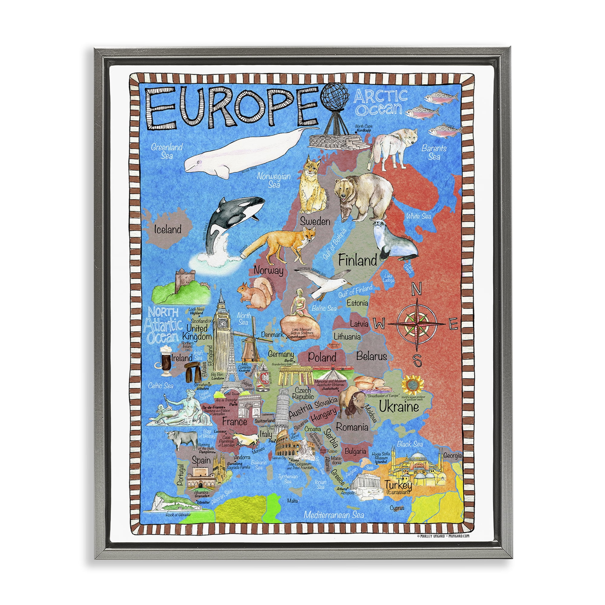 Stupell Industries Europe Animal Map Town & City Painting Gray Floater Framed Art Print Wall Art, 25 x 31