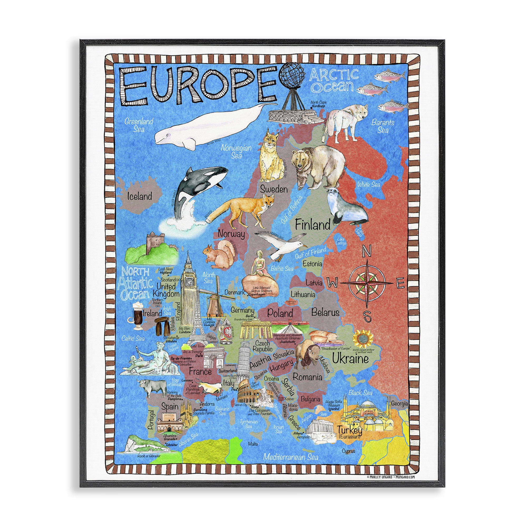 Stupell Industries Europe Animal Map Travel & Places Painting Black Framed Art Print Wall Art, 11 x 14