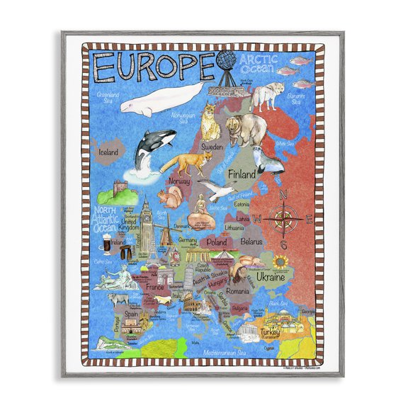 Stupell Industries Europe Animal Map Travel & Places Painting Gray Framed Art Print Wall Art, 11 x 14