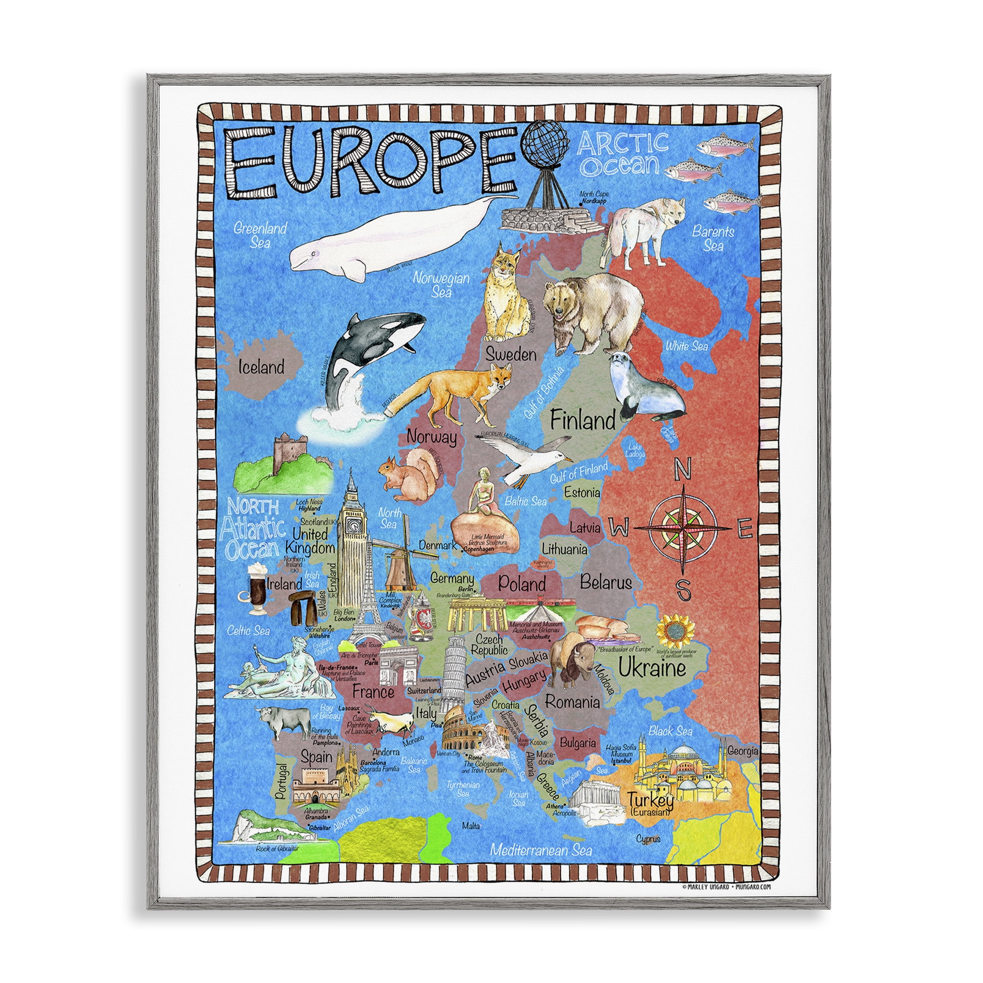 Stupell Industries Europe Animal Map Travel & Places Painting Gray Framed Art Print Wall Art, 16 x 20