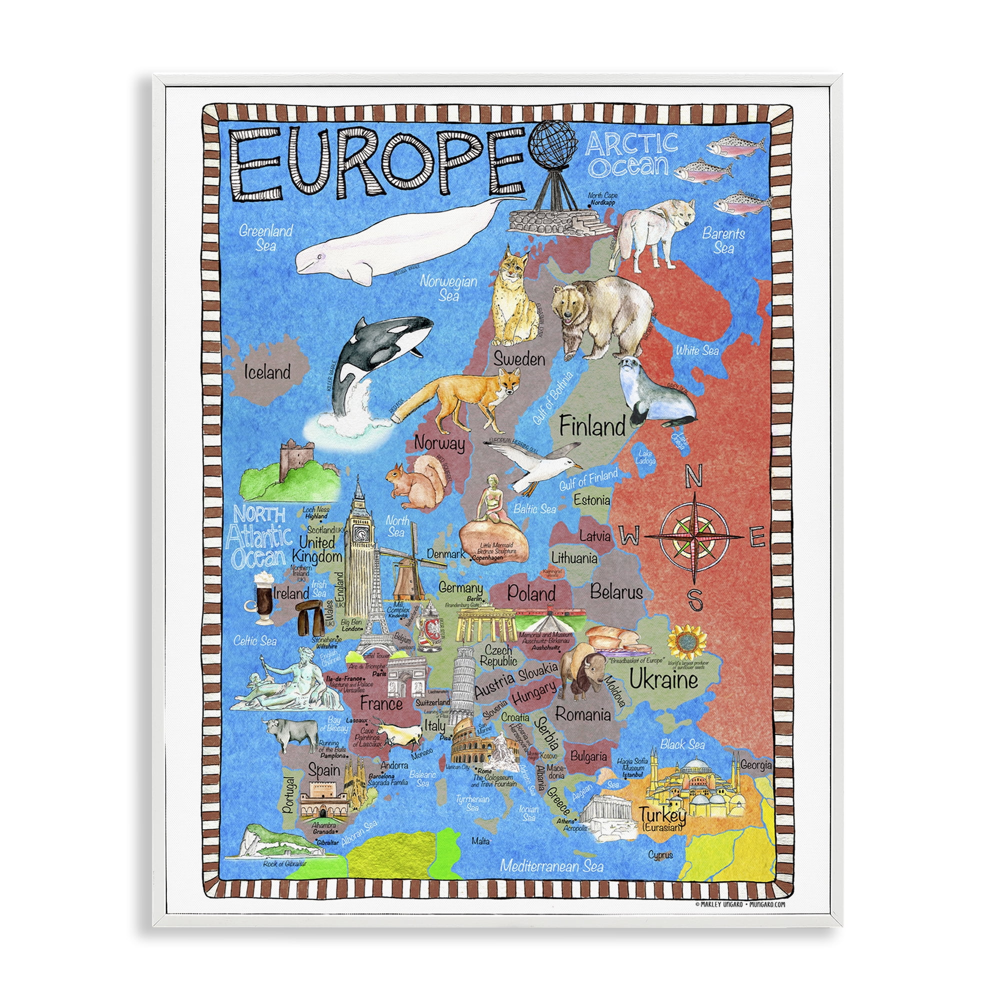 Stupell Industries Europe Animal Map Travel & Places Painting White Framed Art Print Wall Art, 11 x 14