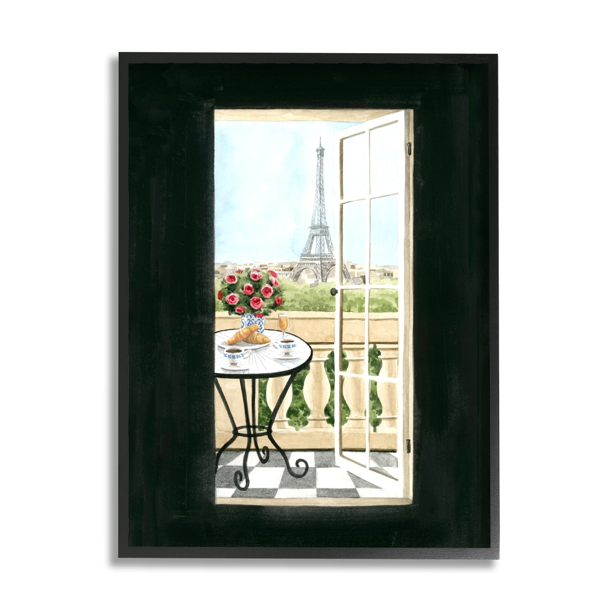 Stupell Industries European Balcony Entrance Parisian Eiffel Tower Architecture Travel & Places Painting Black Framed Art Print Wall Art, 16 x 20