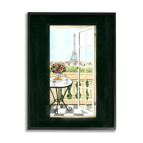 Stupell Industries European Balcony Entrance Parisian Eiffel Tower Architecture Travel & Places Painting Black Framed Art Print Wall Art, 16 x 20