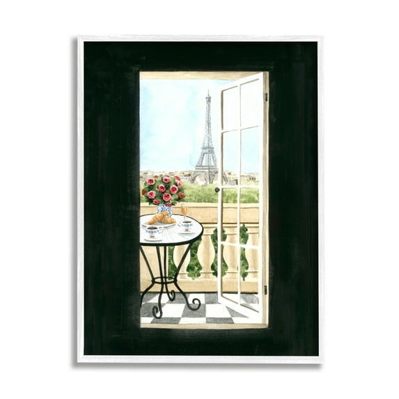 Stupell Industries European Balcony Entrance Parisian Eiffel Tower Architecture Travel & Places Painting White Framed Art Print Wall Art, 24 x 30