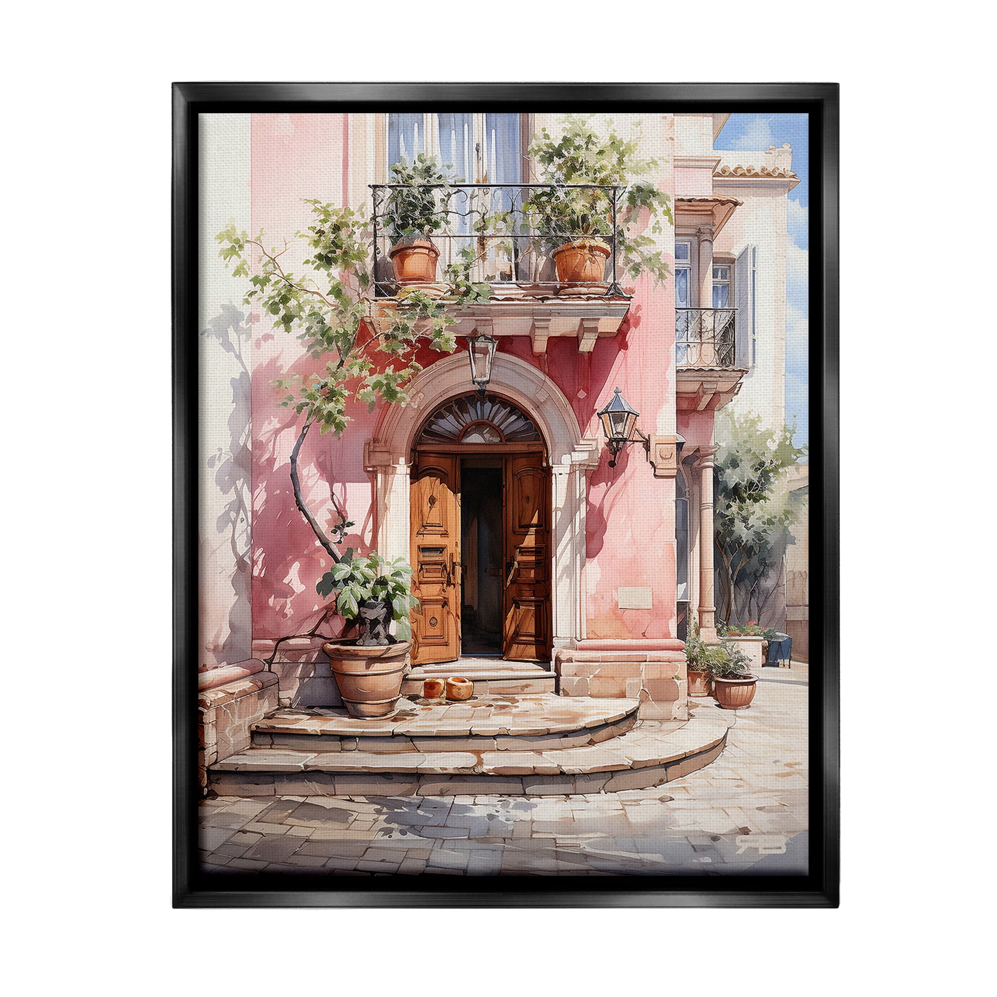 Stupell Industries European Building Doorway Travel & Places Painting Black Floater Framed Canvas Art Print Wall Art, 25 x 31
