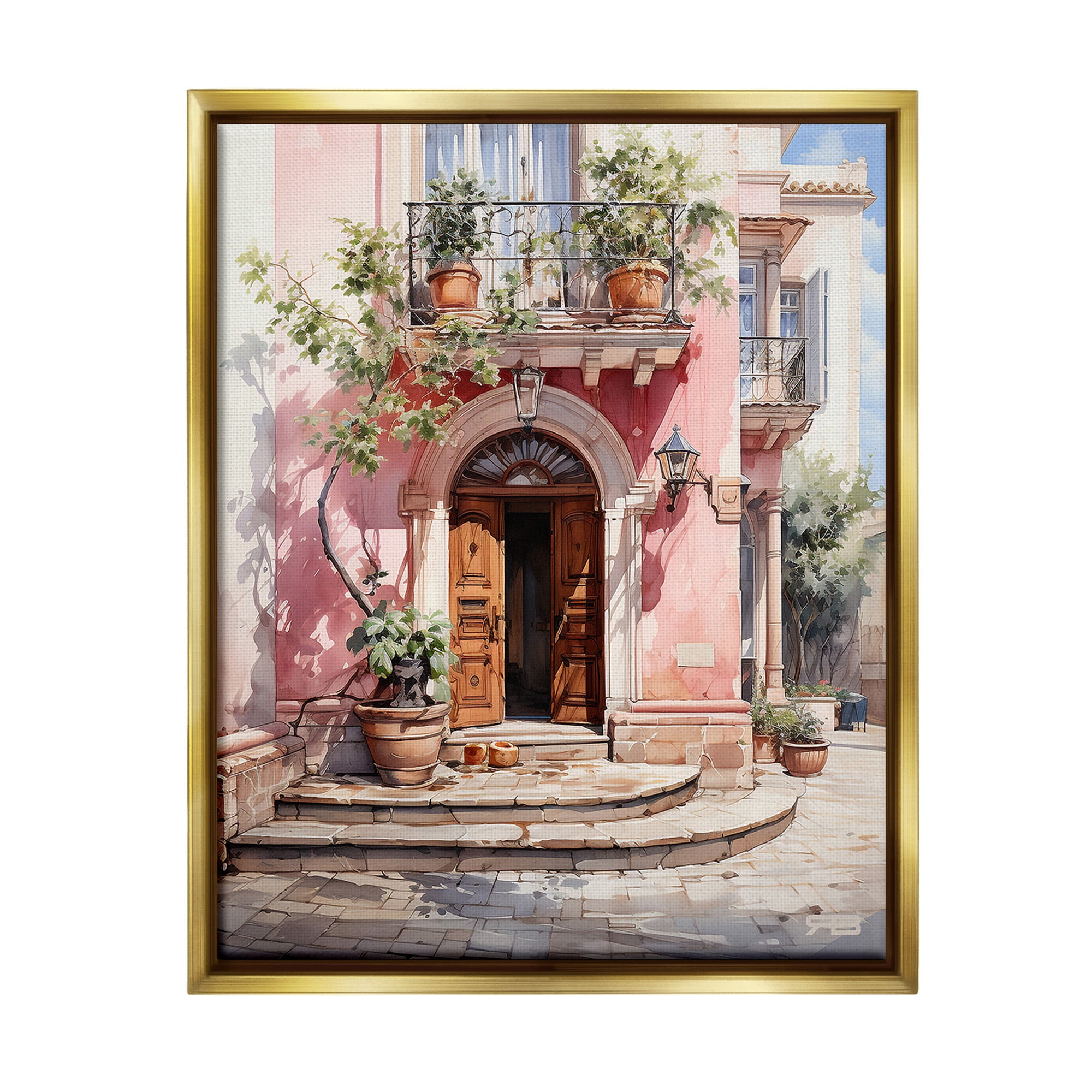 Stupell Industries European Building Doorway Travel & Places Painting Gold Floater Framed Canvas Art Print Wall Art, 25 x 31