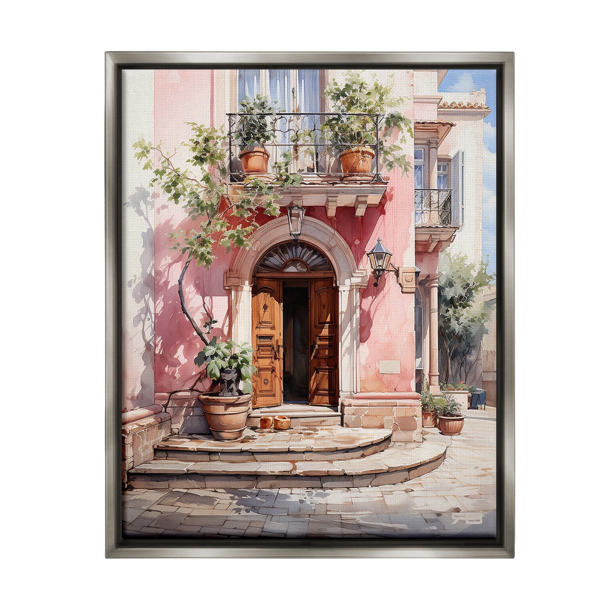 Stupell Industries European Building Doorway Travel & Places Painting Gray Floater Framed Canvas Art Print Wall Art, 25 x 31