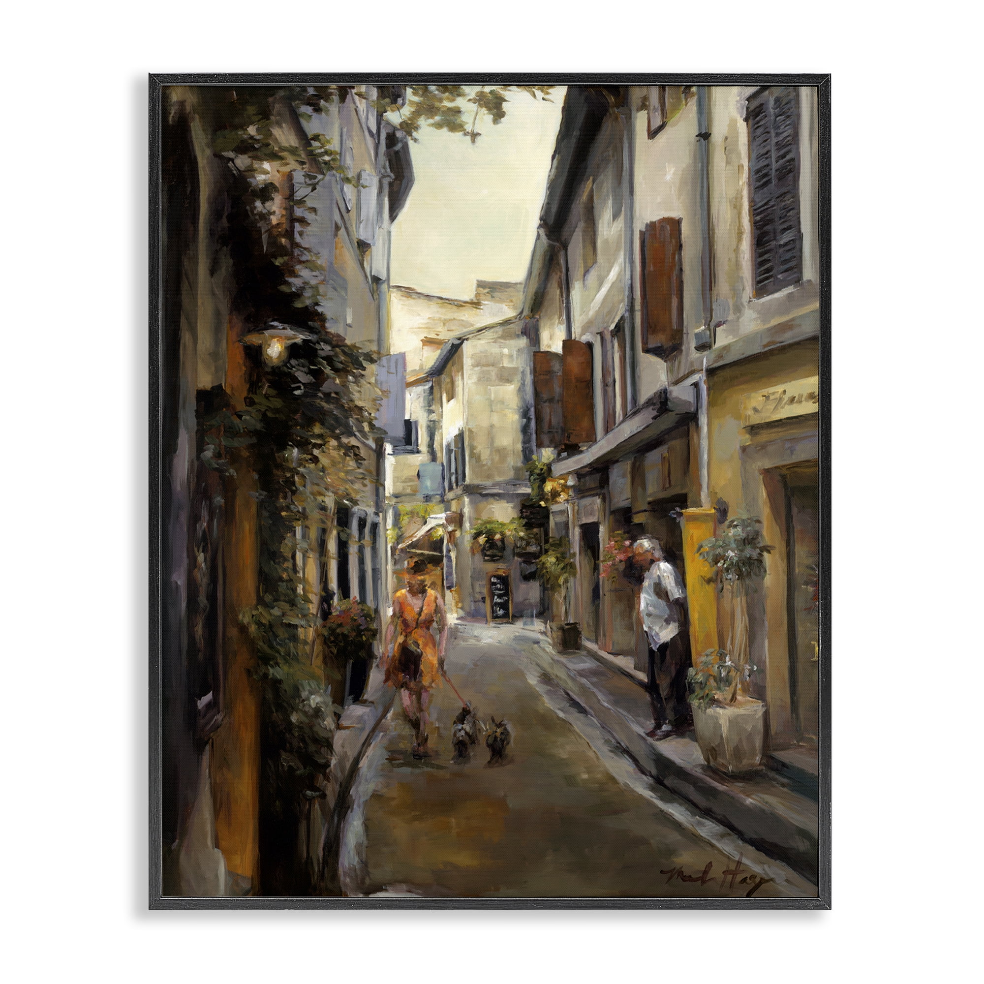 Stupell Industries European City Dog Walk Buildings & Architecture Painting Black Framed Art Print Wall Art, 24 x 30