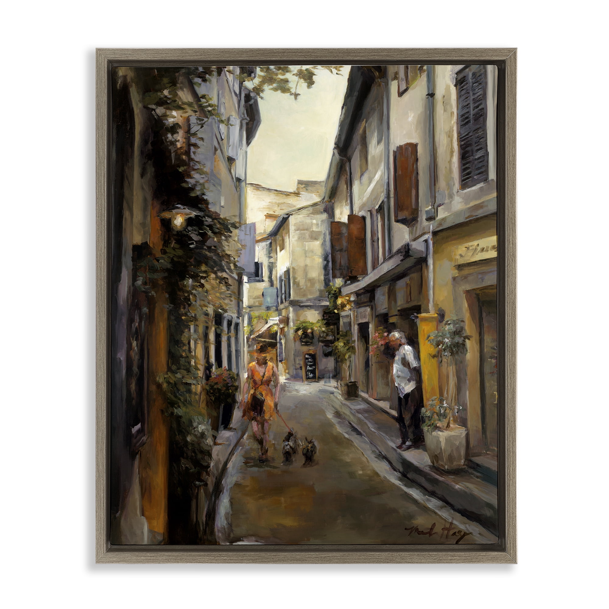 Stupell Industries European City Dog Walk Buildings & Architecture Painting Brown Floater Framed Canvas Art Print Wall Art, 17 x 21