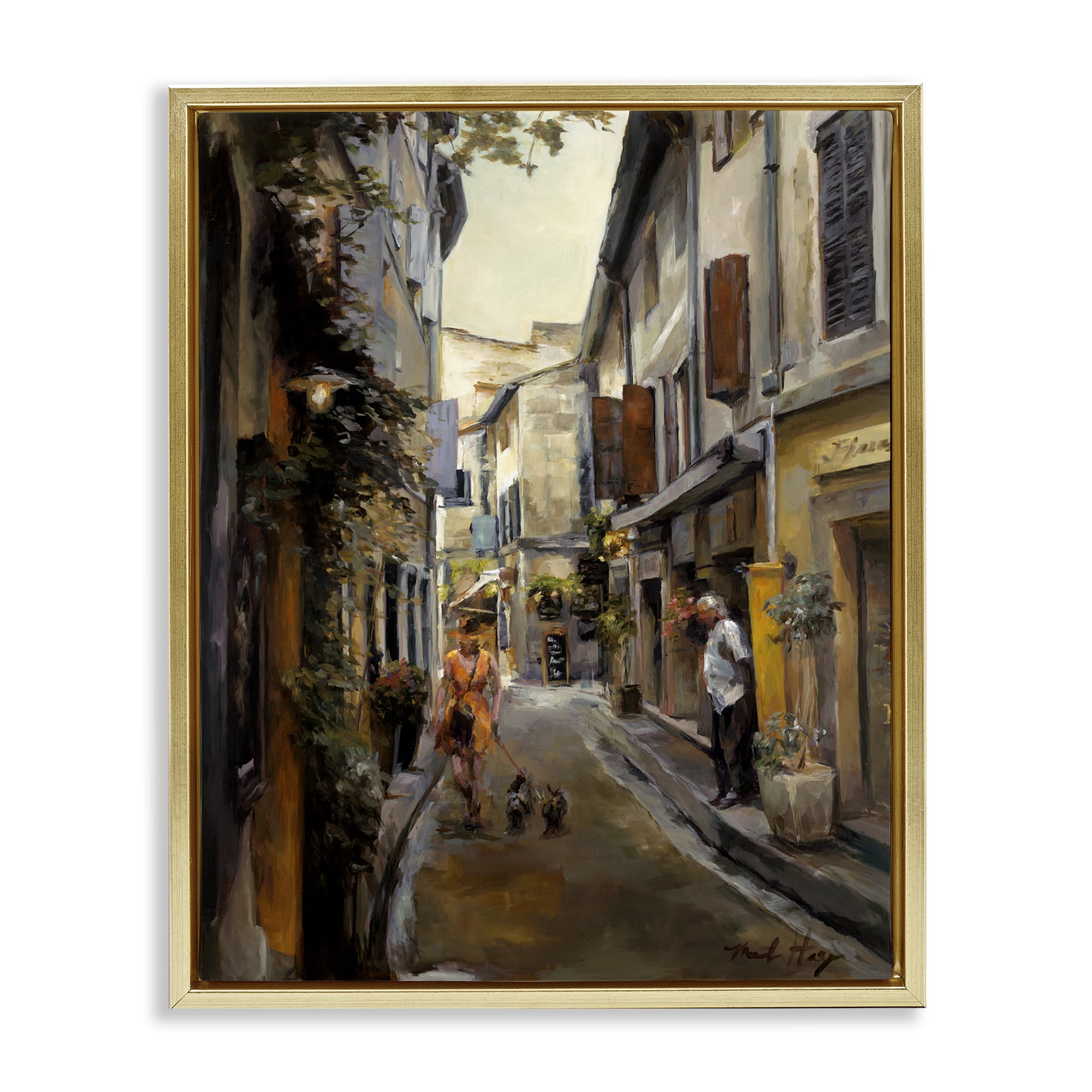 Stupell Industries European City Dog Walk Buildings & Architecture Painting Gold Floater Framed Canvas Art Print Wall Art, 17 x 21