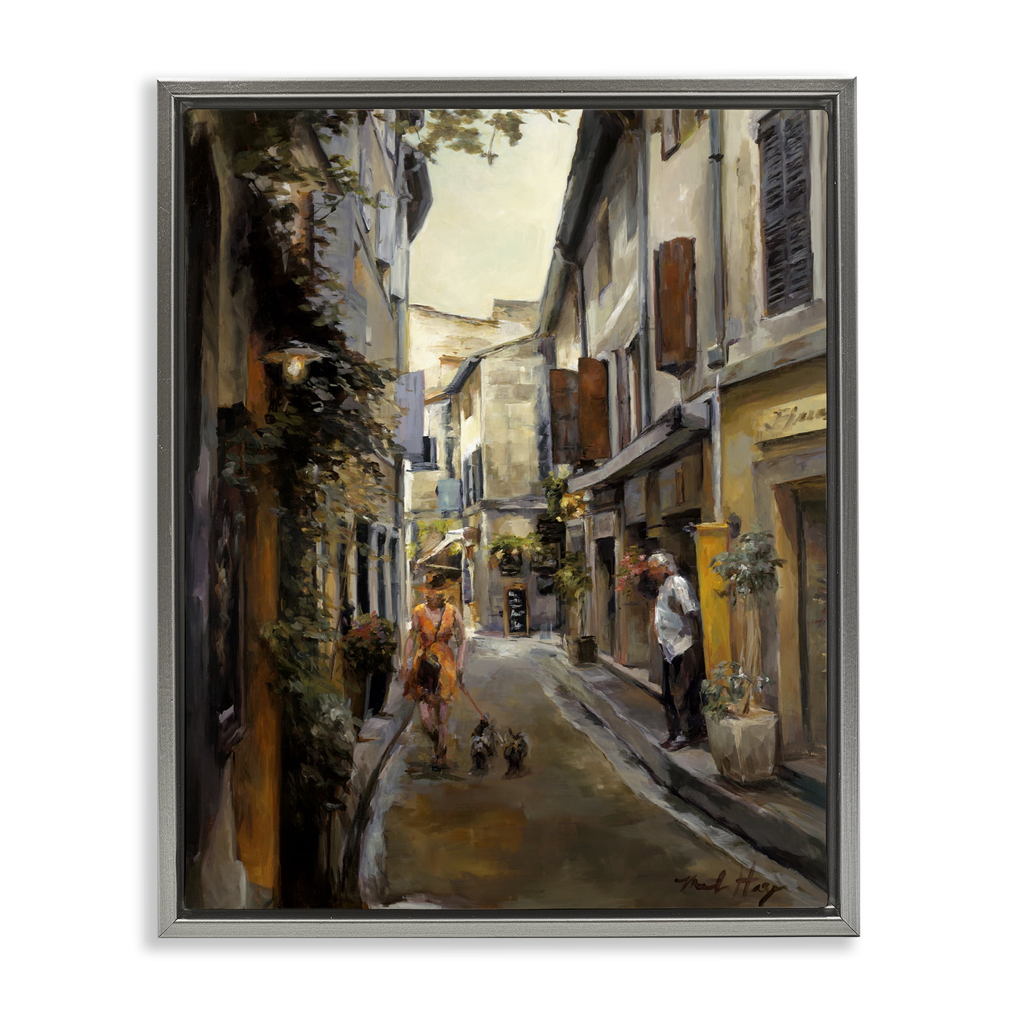 Stupell Industries European City Dog Walk Buildings & Architecture Painting Gray Floater Framed Canvas Art Print Wall Art, 25 x 31