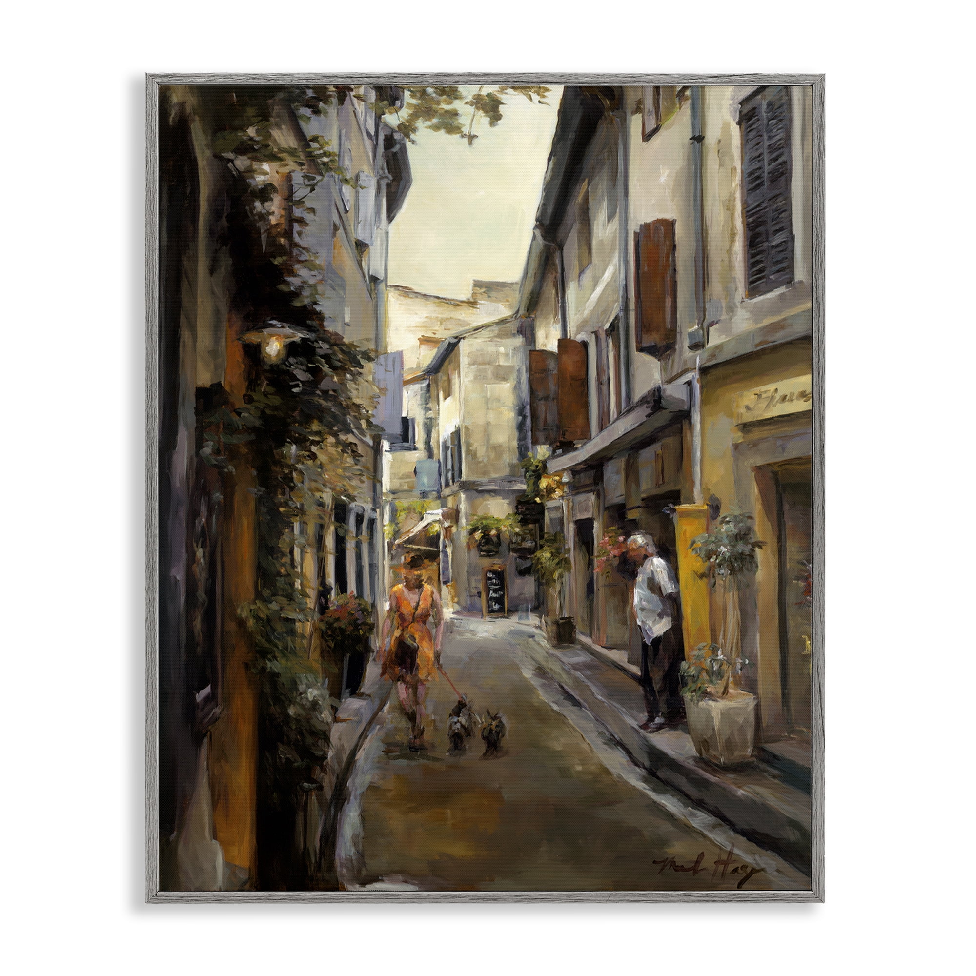 Stupell Industries European City Dog Walk Buildings & Architecture Painting Gray Framed Art Print Wall Art, 16 x 20