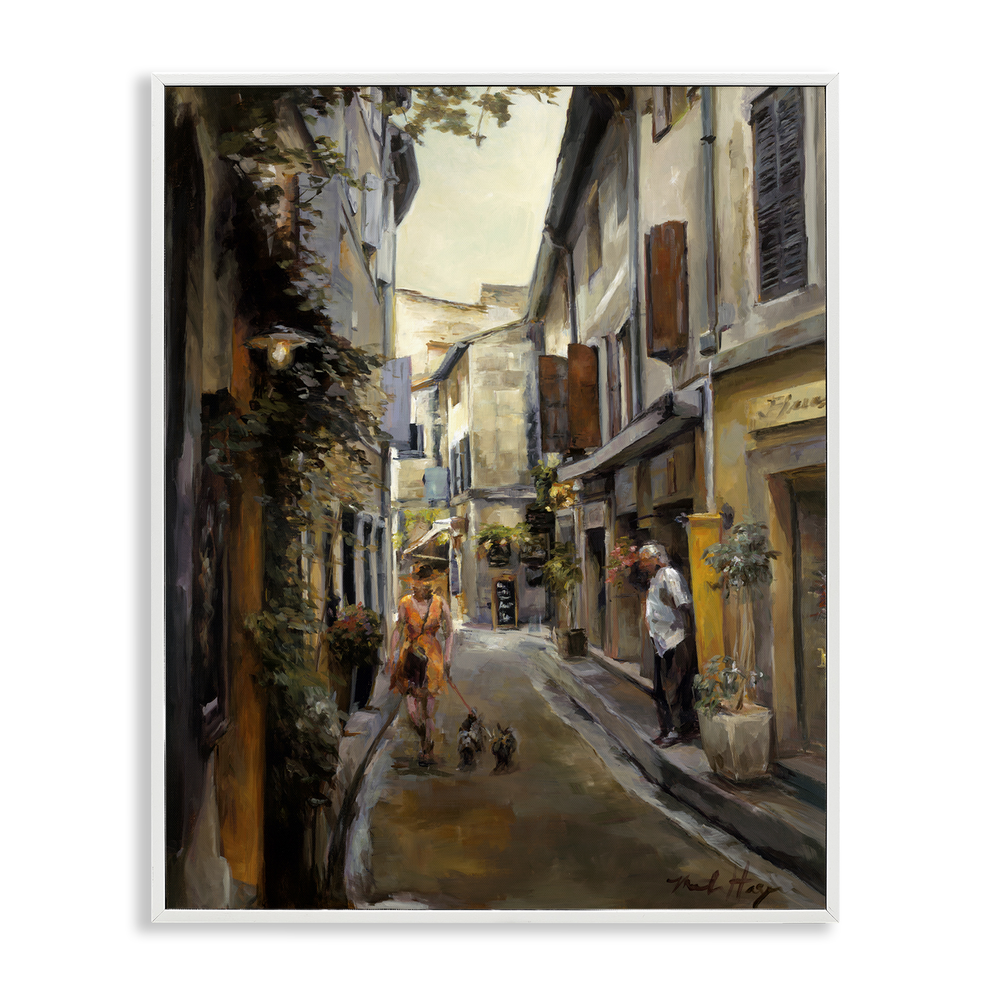 Stupell Industries European City Dog Walk Buildings & Architecture Painting White Framed Art Print Wall Art, 11 x 14
