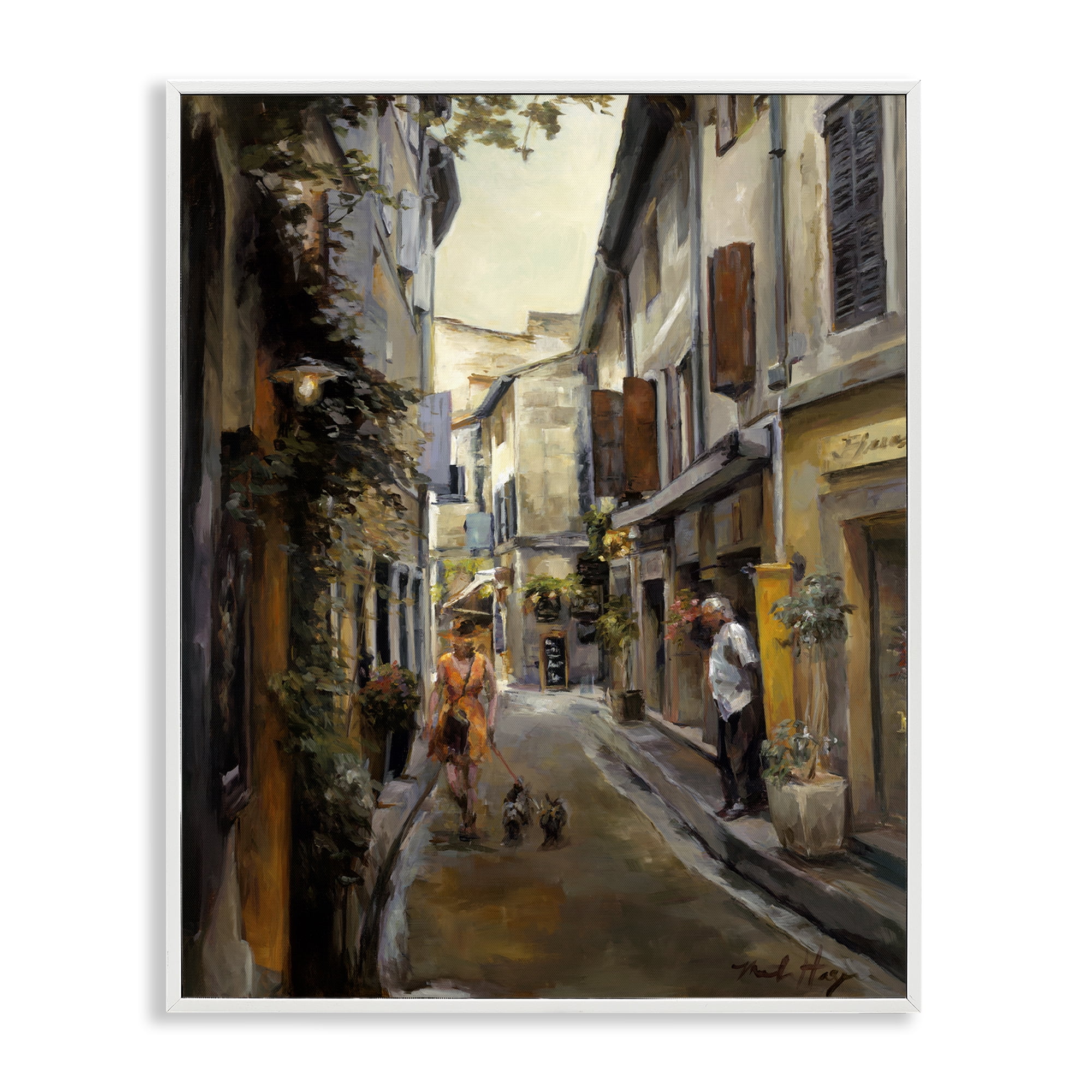 Stupell Industries European City Dog Walk Buildings & Architecture Painting White Framed Art Print Wall Art, 16 x 20