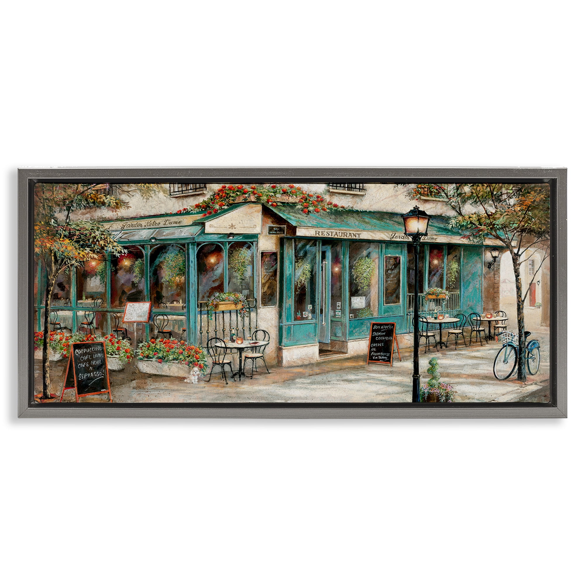 European City Streets Café Scene Gray Framed Canvas Art Print