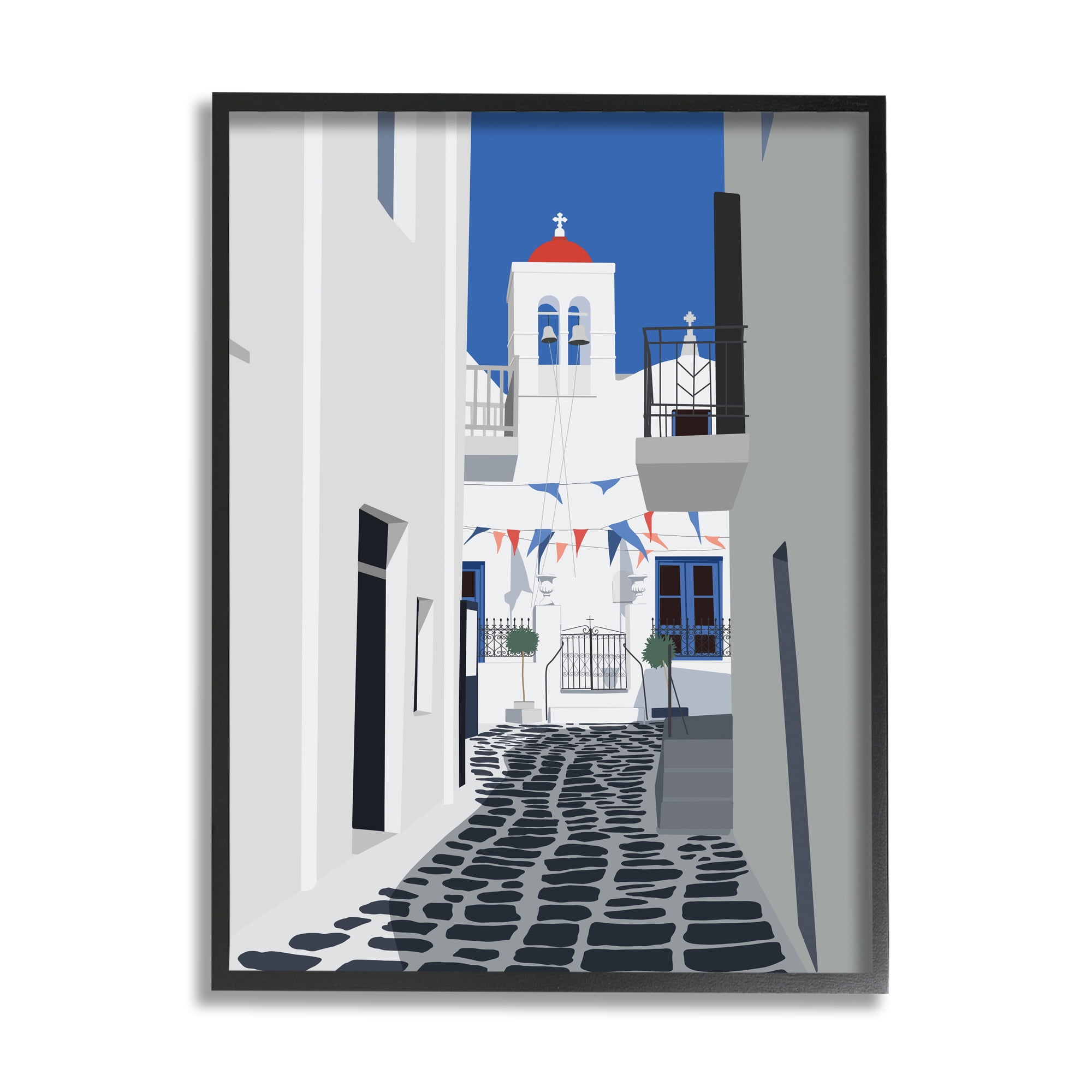 Stupell Industries European Coastal City Street White Blue Architecture Abstract Painting Black Framed Art Print Wall Art, 16 x 20