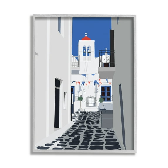 Stupell Industries European Coastal City Street White Blue Architecture Abstract Painting Gray Framed Art Print Wall Art, 16 x 20