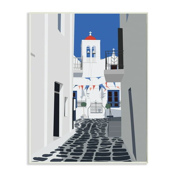Stupell Industries European Coastal City Street White Blue Architecture Abstract Painting Unframed Art Print Wall Art, 13 x 19
