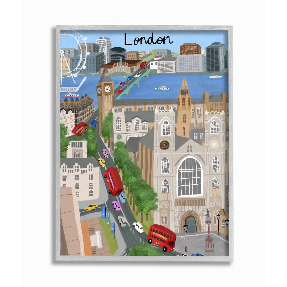 Stupell Industries European London Landmarks British City Skyline Architecture Framed Wall Art Design by Carla Daly, 16" x 20", Gray Framed