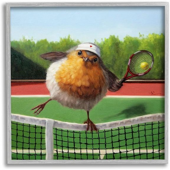 Stupell Industries European Robin Playing Tennis Clear Summer Sky Animals & Insects Painting Gray Framed Art Print Wall Art, 12 x 12