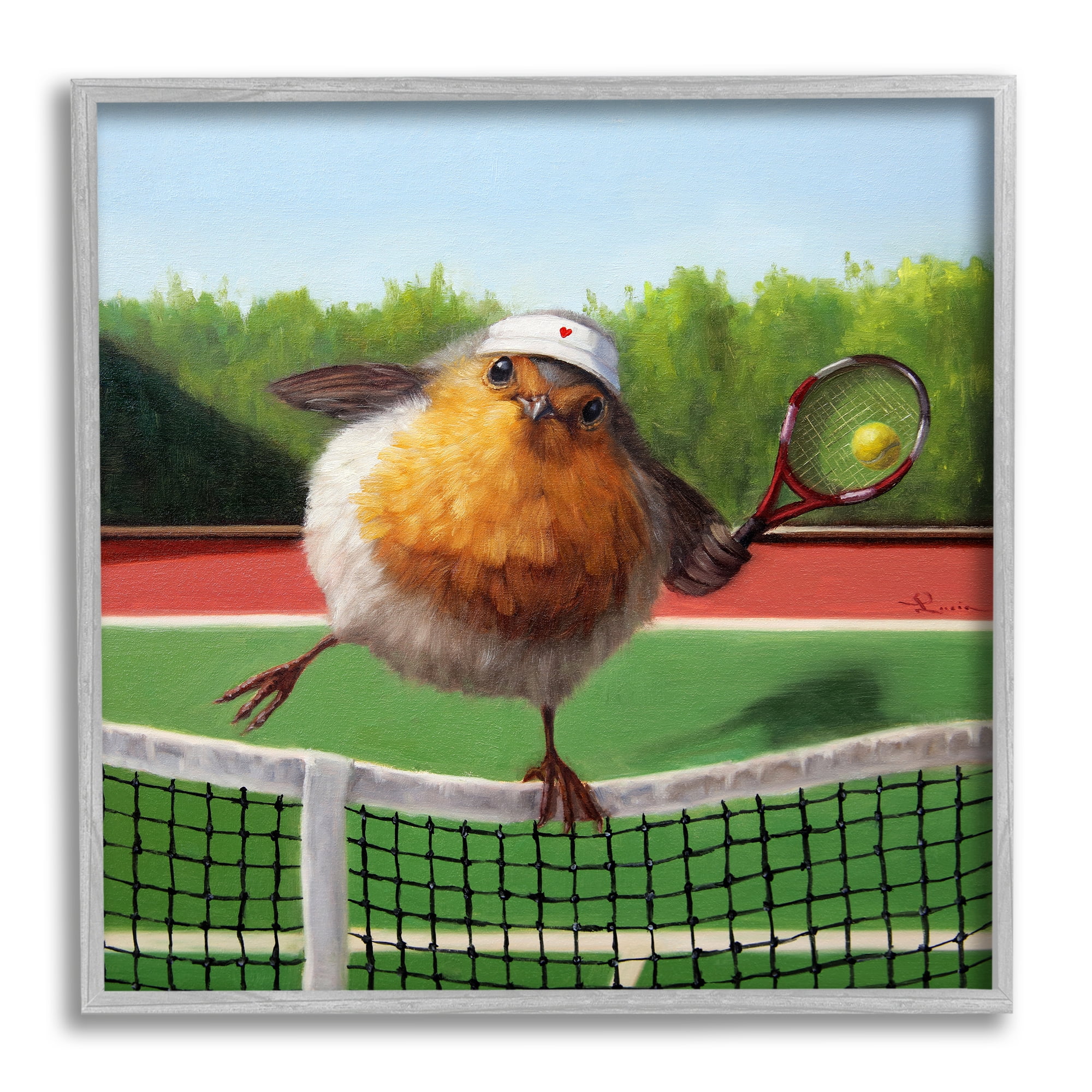 Stupell Industries European Robin Playing Tennis Clear Summer Sky Animals & Insects Painting Gray Framed Art Print Wall Art, 24 x 24