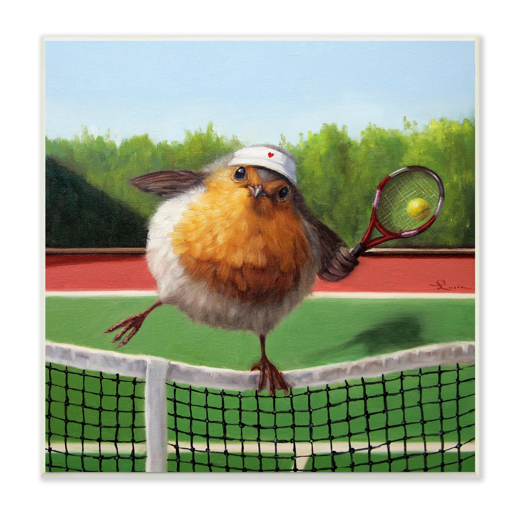Stupell Industries European Robin Playing Tennis Clear Summer Sky Animals & Insects Painting Unframed Art Print Wall Art, 12 x 12