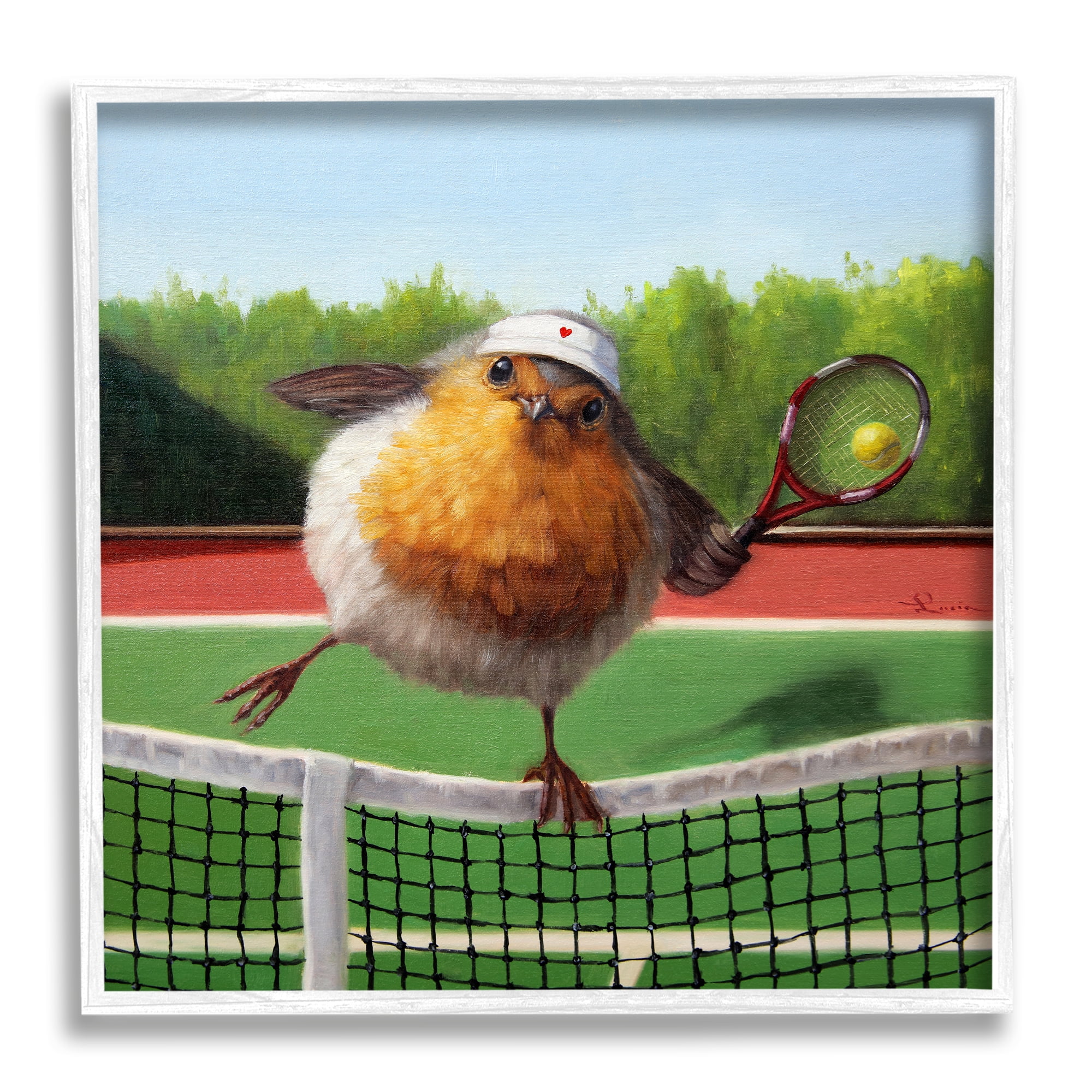 Stupell Industries European Robin Playing Tennis Clear Summer Sky Animals & Insects Painting White Framed Art Print Wall Art, 12 x 12