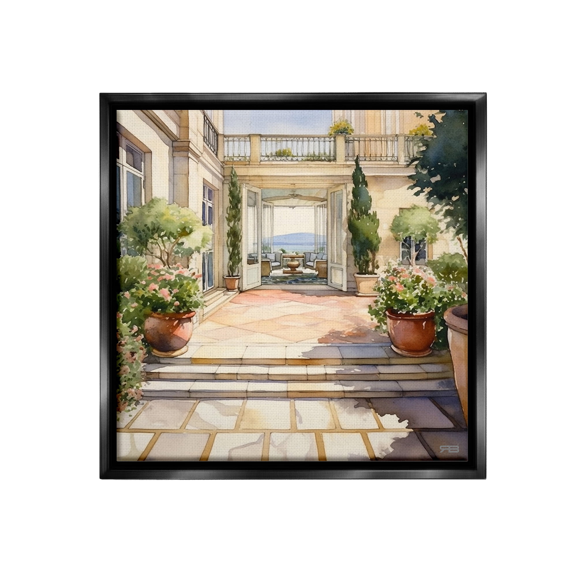 Stupell Industries European Villa Architecture Botanical & Floral Painting Black Floater Framed Canvas Art Print Wall Art, 18 x 18
