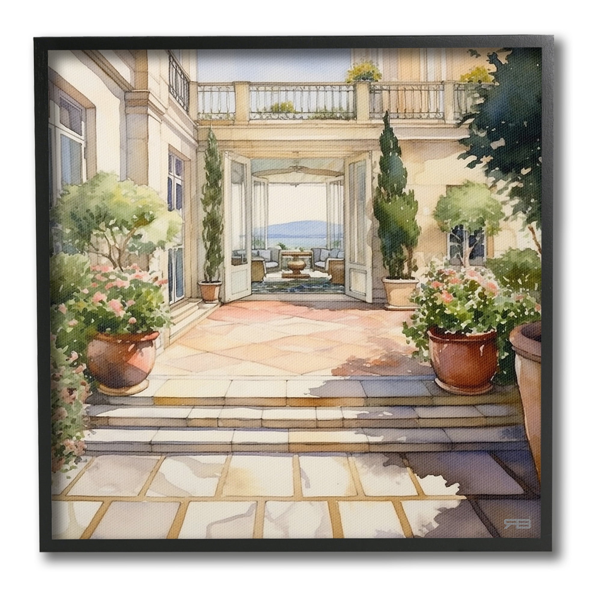 Stupell Industries European Villa Architecture Botanical & Floral Painting Black Framed Art Print Wall Art, 17 x 17