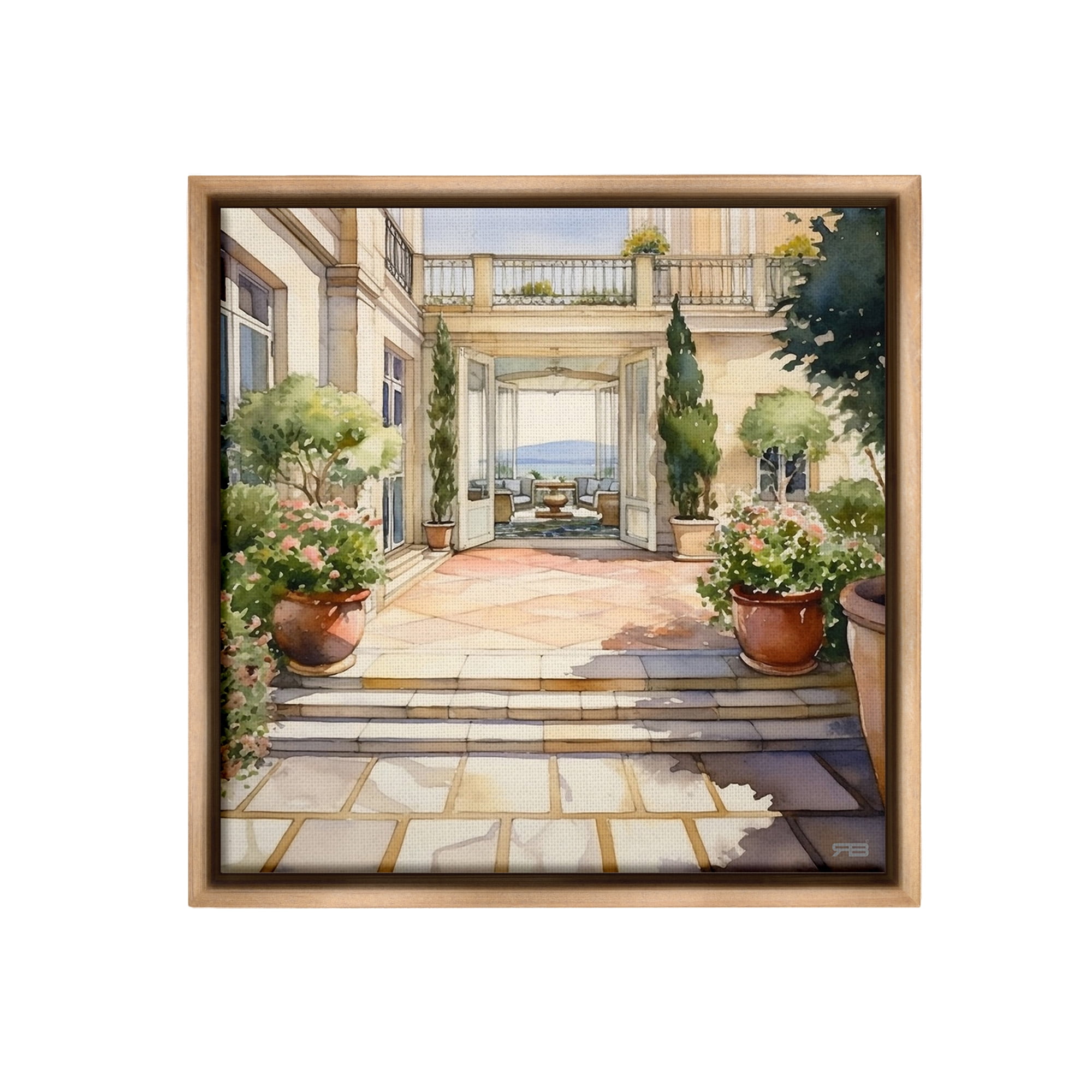 Stupell Industries European Villa Architecture Botanical & Floral Painting Brown Floater Framed Canvas Art Print Wall Art, 18 x 18