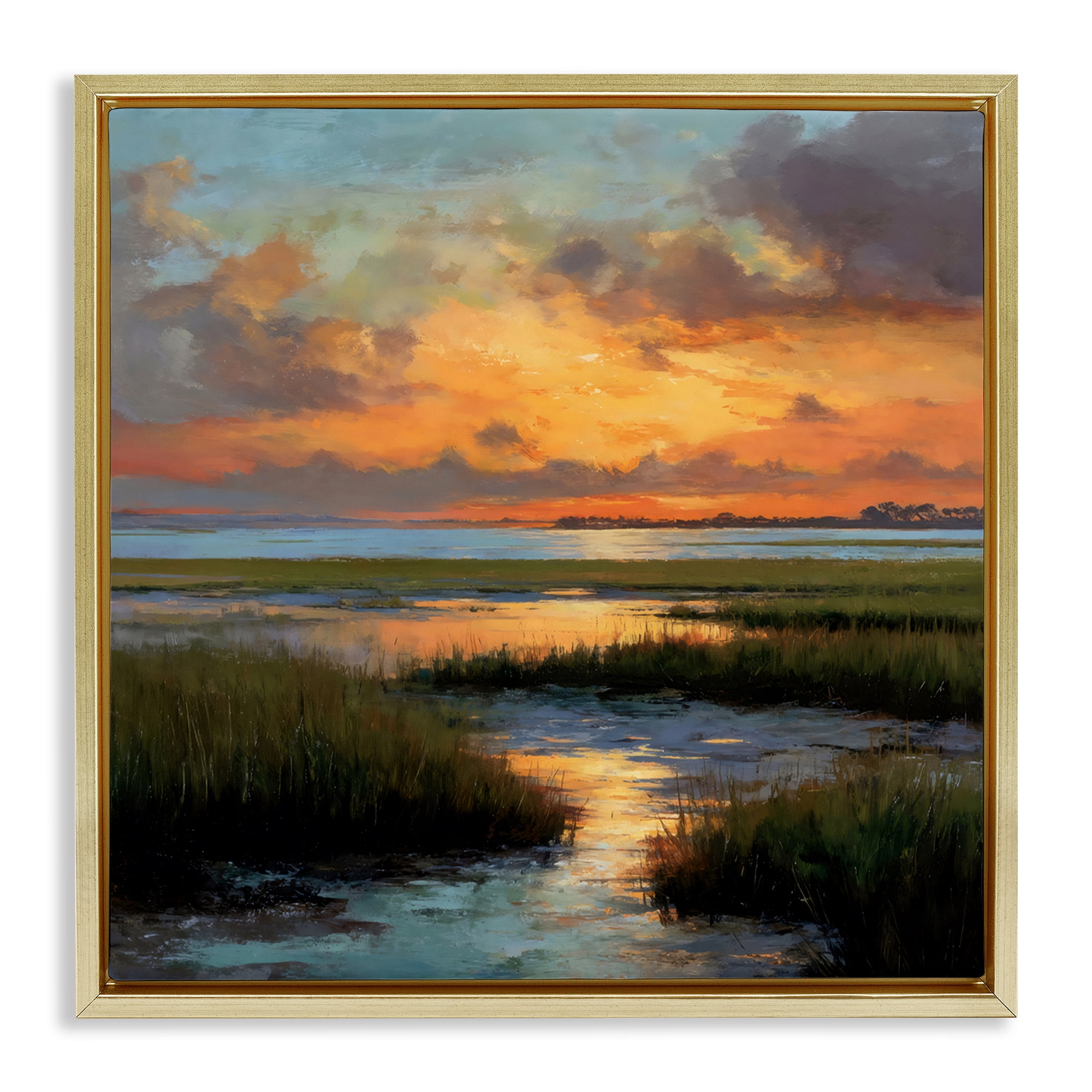 Stupell Industries Evening Marshland Glow Gold Framed Floater Canvas Wall Art, design by Petal Prints Design
