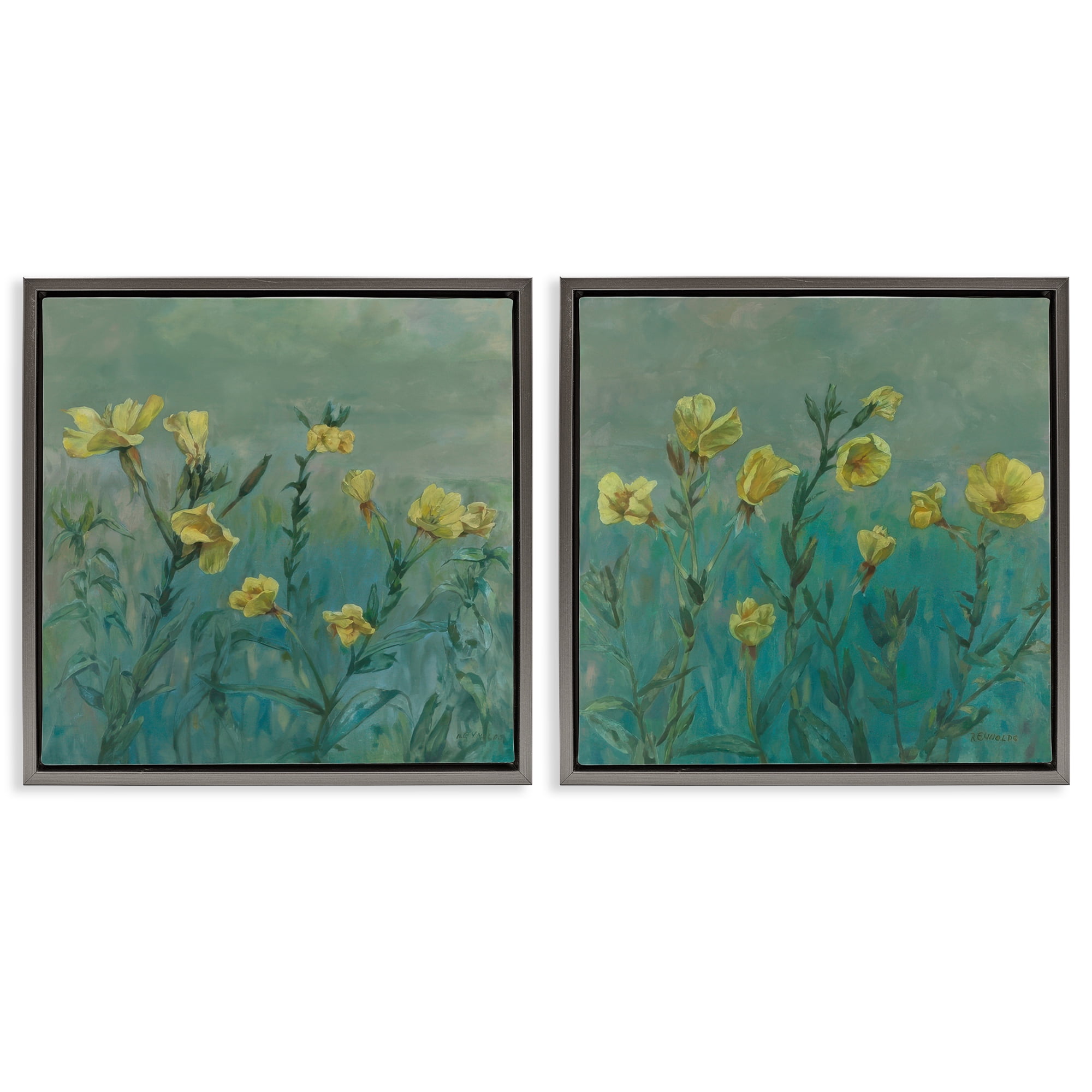 Stupell Industries Evening Primrose Flower Unfurling Plants & Flowers Painting Gray Floater Framed Canvas Art Print Wall Art, 25 x 25, Set of 2