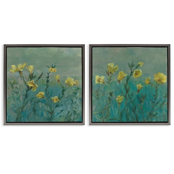 Stupell Industries Evening Primrose Flower Unfurling Plants & Flowers Painting Gray Floater Framed Canvas Art Print Wall Art, 25 x 25, Set of 2