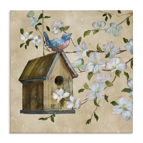 Stupell Industries Evening Song Birdhouse over Beige Canvas Wall Art design by Nan, 17 x 17