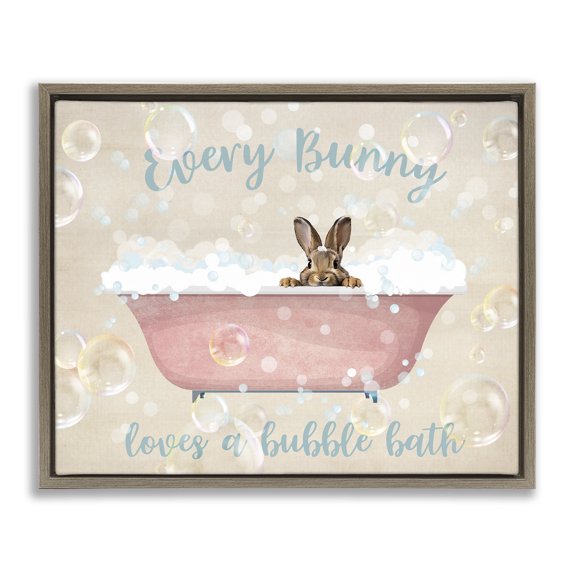 Stupell Industries Every Bunny Loves Baths Quotes and Sayings Painting Brown Floater Framed Canvas Art Print Wall Art, 21 x 17