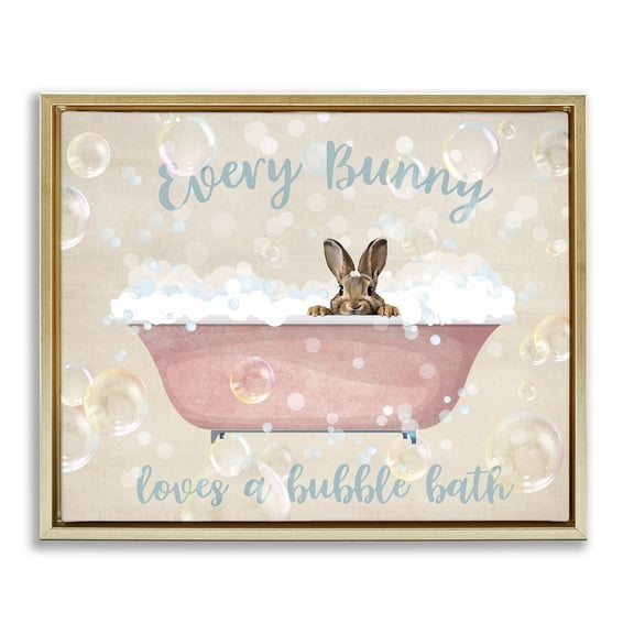 Stupell Industries Every Bunny Loves Baths Quotes and Sayings Painting Gold Floater Framed Canvas Art Print Wall Art, 21 x 17