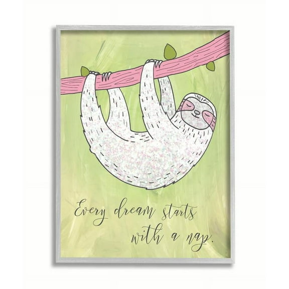 Stupell Industries Every Dream Starts With a Nap Lazy Whimsical Sloth Graphic Art Gray Framed Art Print Wall Art, 11x14, by Daphne Polselli