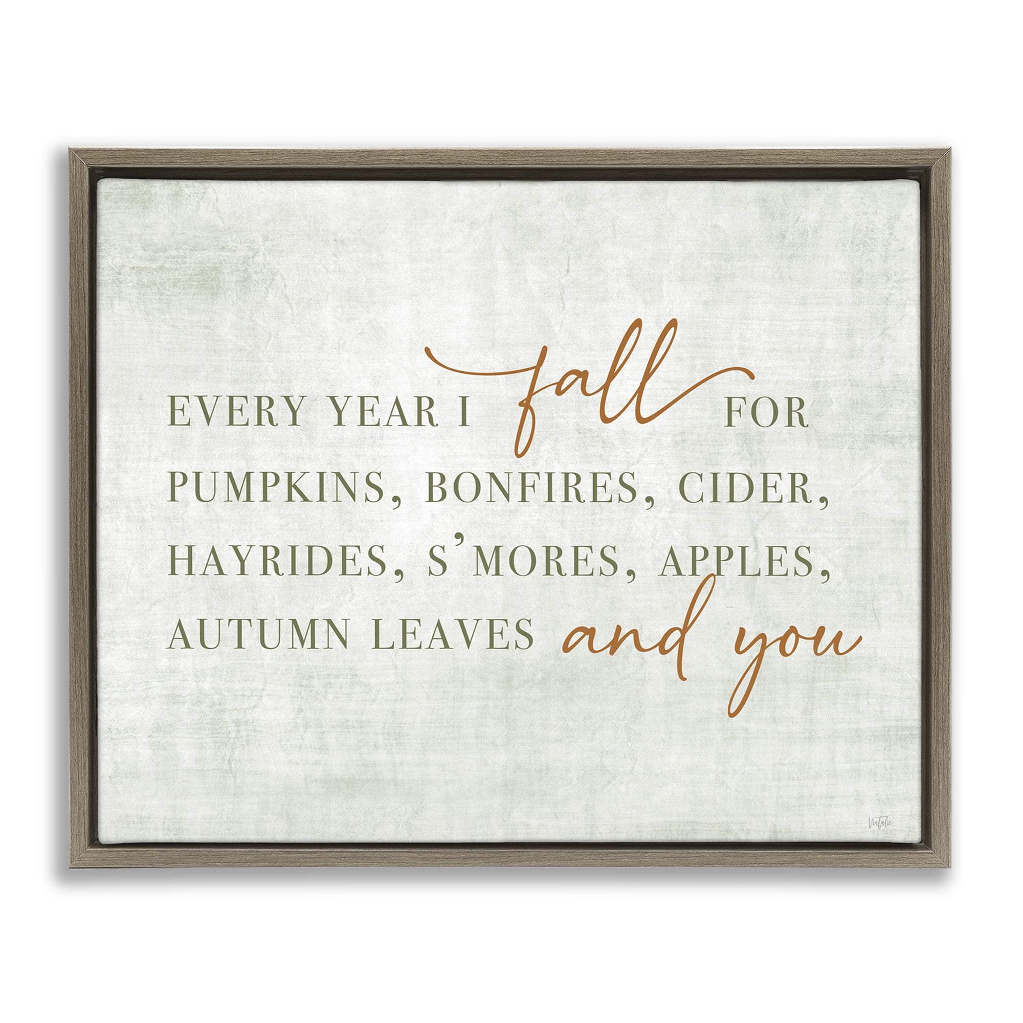 Stupell Industries Every Year Fall Phrase Typography Painting Brown Floater Framed Canvas Art Print Wall Art, 21 x 17