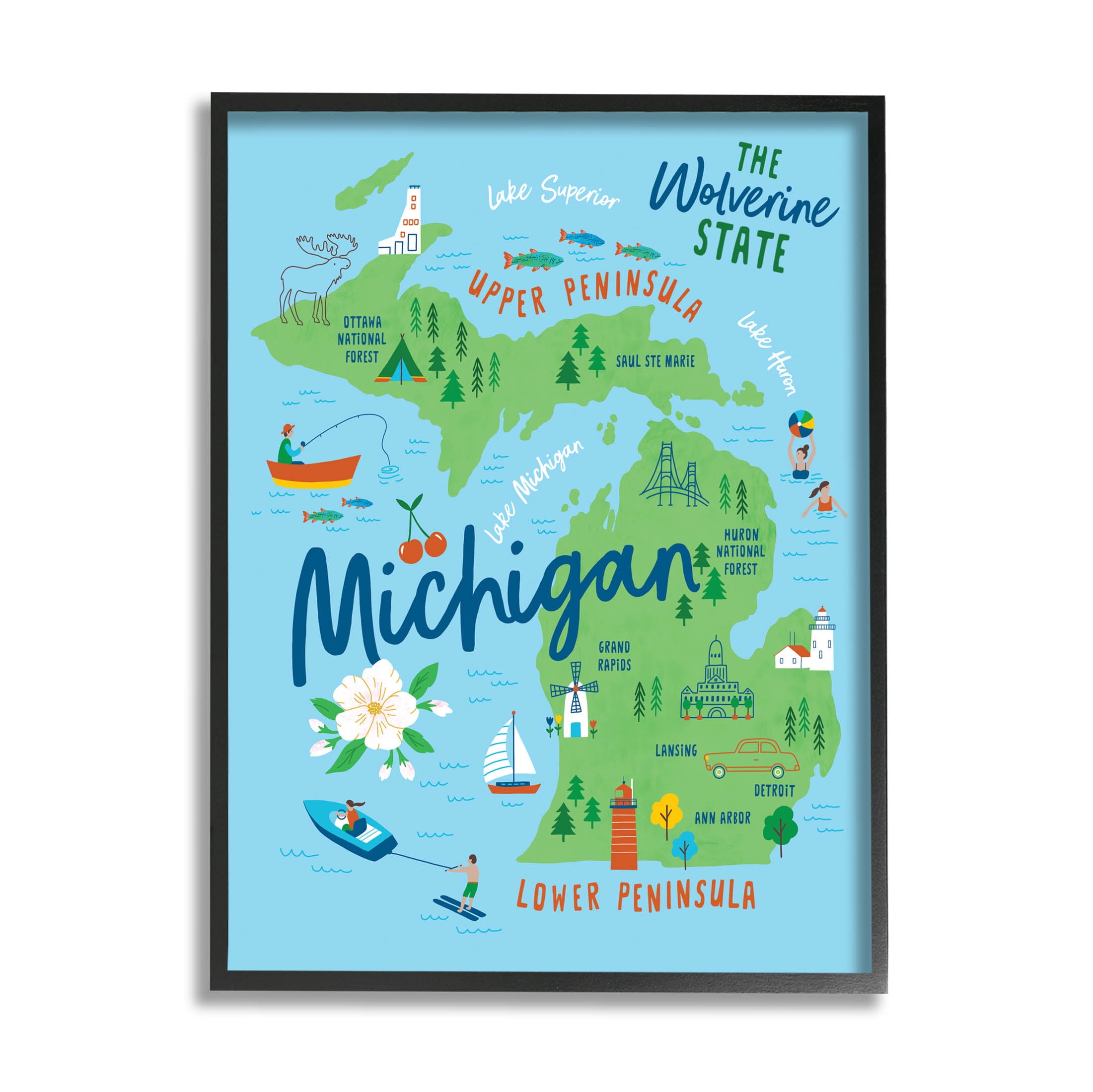 Stupell Industries Everyday Michigan Illustrated Map Graphic Art Black Framed Art Print Wall Art, Design by Nina Seven