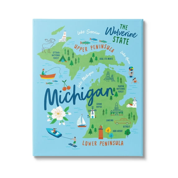 Stupell Industries Everyday Michigan Illustrated Map Graphic Art Gallery Wrapped Canvas Print Wall Art, Design by Nina Seven