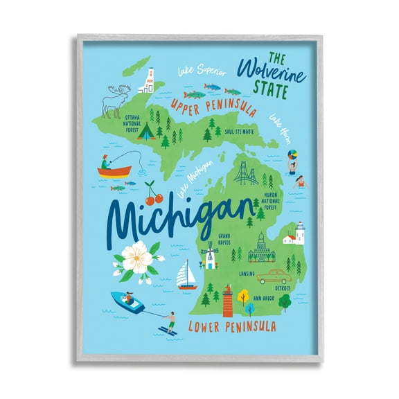 Stupell Industries Everyday Michigan Illustrated Map Graphic Art Gray Framed Art Print Wall Art, Design by Nina Seven