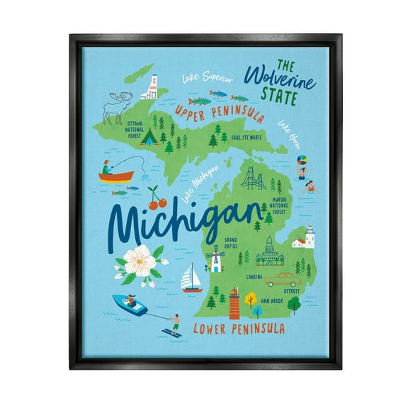 Stupell Industries Everyday Michigan Illustrated Map Graphic Art Jet Black Floating Framed Canvas Print Wall Art, Design by Nina Seven