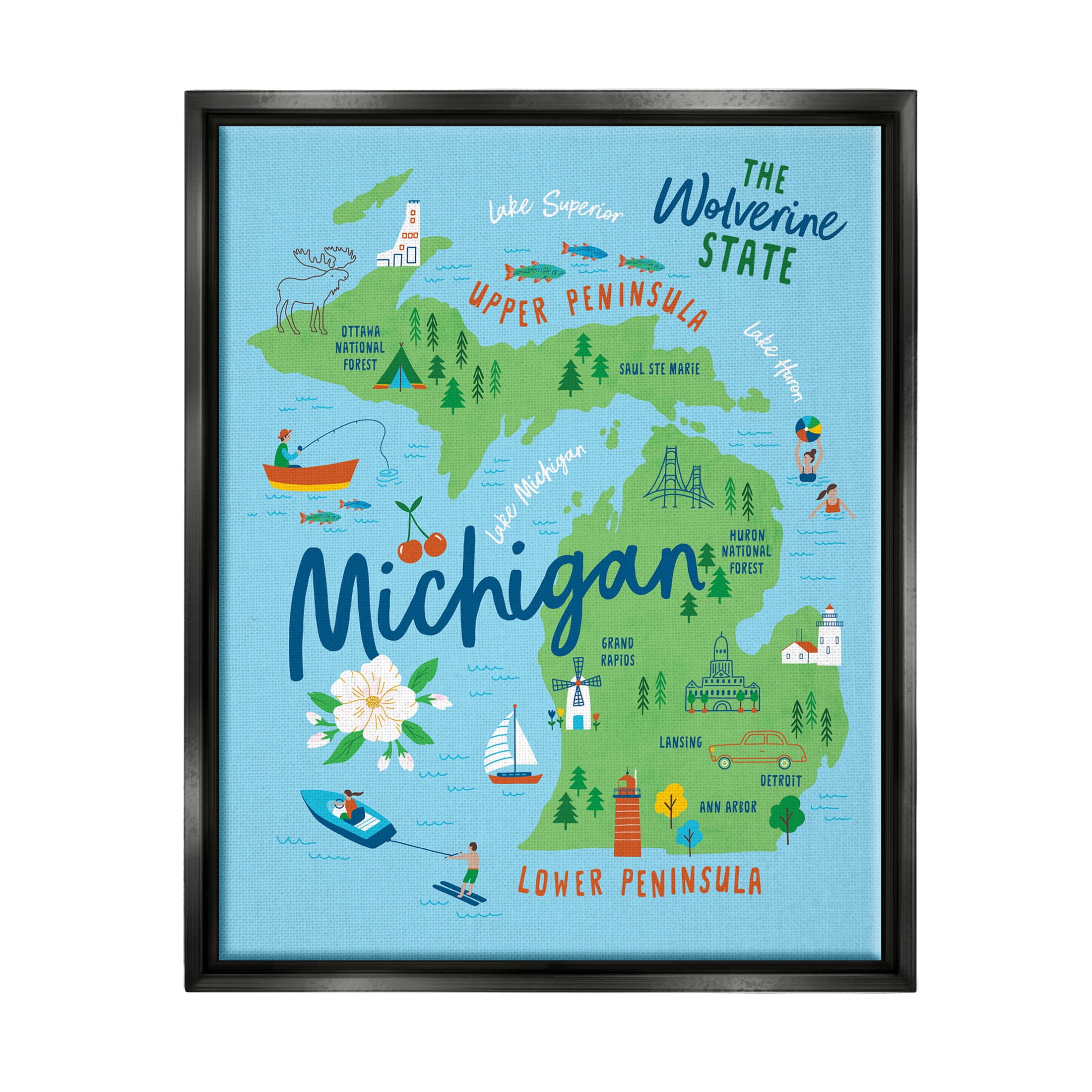 Stupell Industries Everyday Michigan Illustrated Map Graphic Art Jet Black Floating Framed Canvas Print Wall Art, Design by Nina Seven